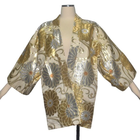 Vintage 50s 60s Gold Silver Metallic Floral Short Kimono Jacket Tokyo XL As Is - Picture 14 of 14